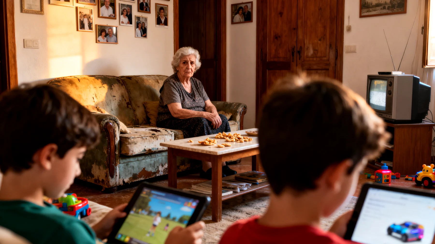 Nonna che fatica a relazionarsi con i nipoti bambini a causa di visioni educative diverse e distanza generazionale, con incomprensioni su giochi, linguaggio e abitudini moderne"