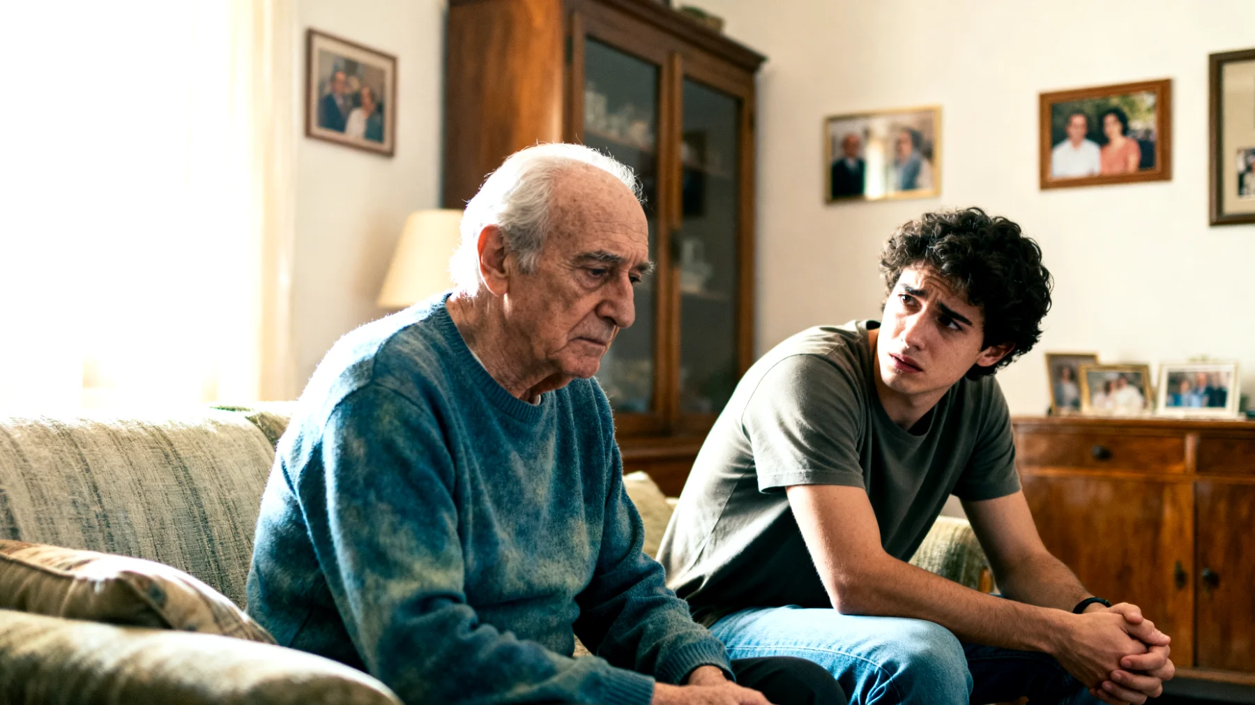 Nonno che fatica a comprendere e gestire le emozioni complesse (ansia, frustrazioni lavorative, paure esistenziali) dei nipoti giovani adulti, sentendosi inadeguato nel offrire supporto emotivo a questa età"