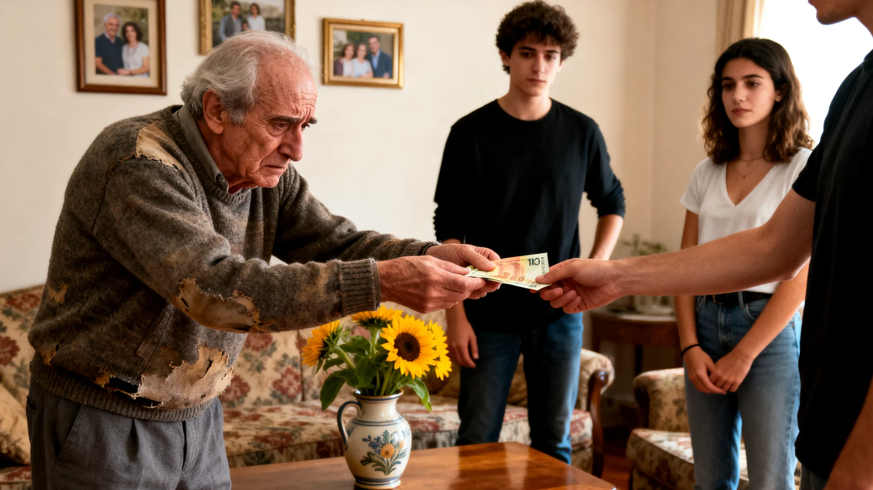 Nonno che fatica a stabilire limiti con nipoti giovani adulti, cedendo sempre alle loro richieste economiche e pratiche per timore di perdere il loro affetto o essere visto come un nonno rigido e antiquato"
