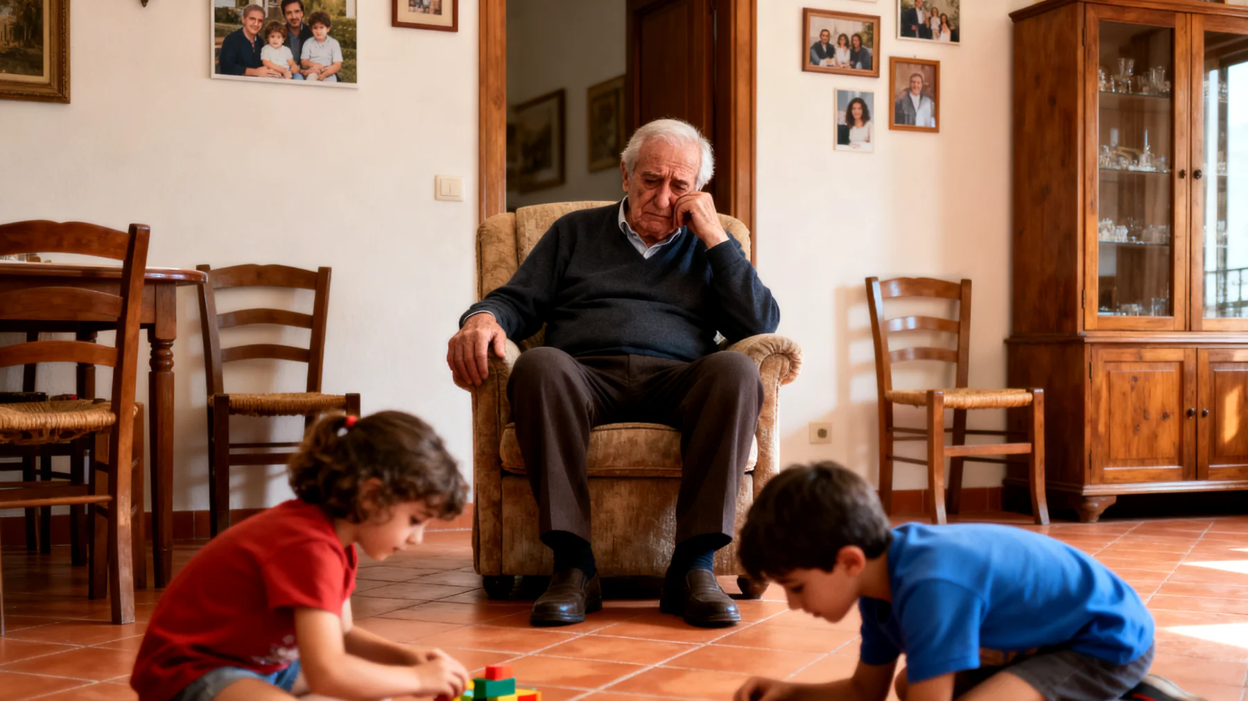 Il nonno si sente in colpa perché, a causa dell'età avanzata e dei limiti fisici, non riesce più a giocare attivamente con i nipoti piccoli come faceva prima, temendo di deluderli e di essere percepito come meno presente o interessante ai loro occhi."